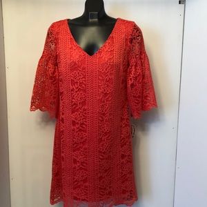 Gabby Skye Size 8 orange lace dress . Fully lined . Zip at back .
